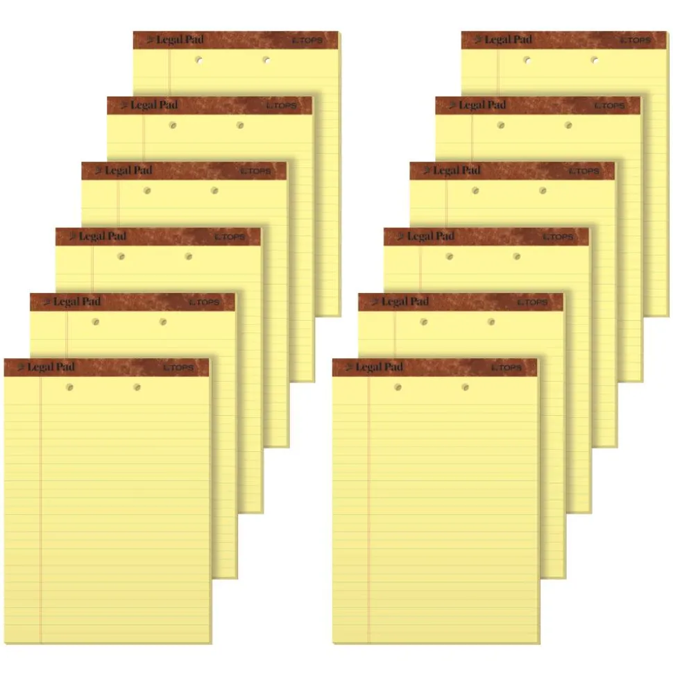 TOPS 2-Hole Punched Perforated Writing Pads, 8 1/2" x 11 3/4", Legal Ruled, 50 Sheets, Canary, Pack Of 12 Pads