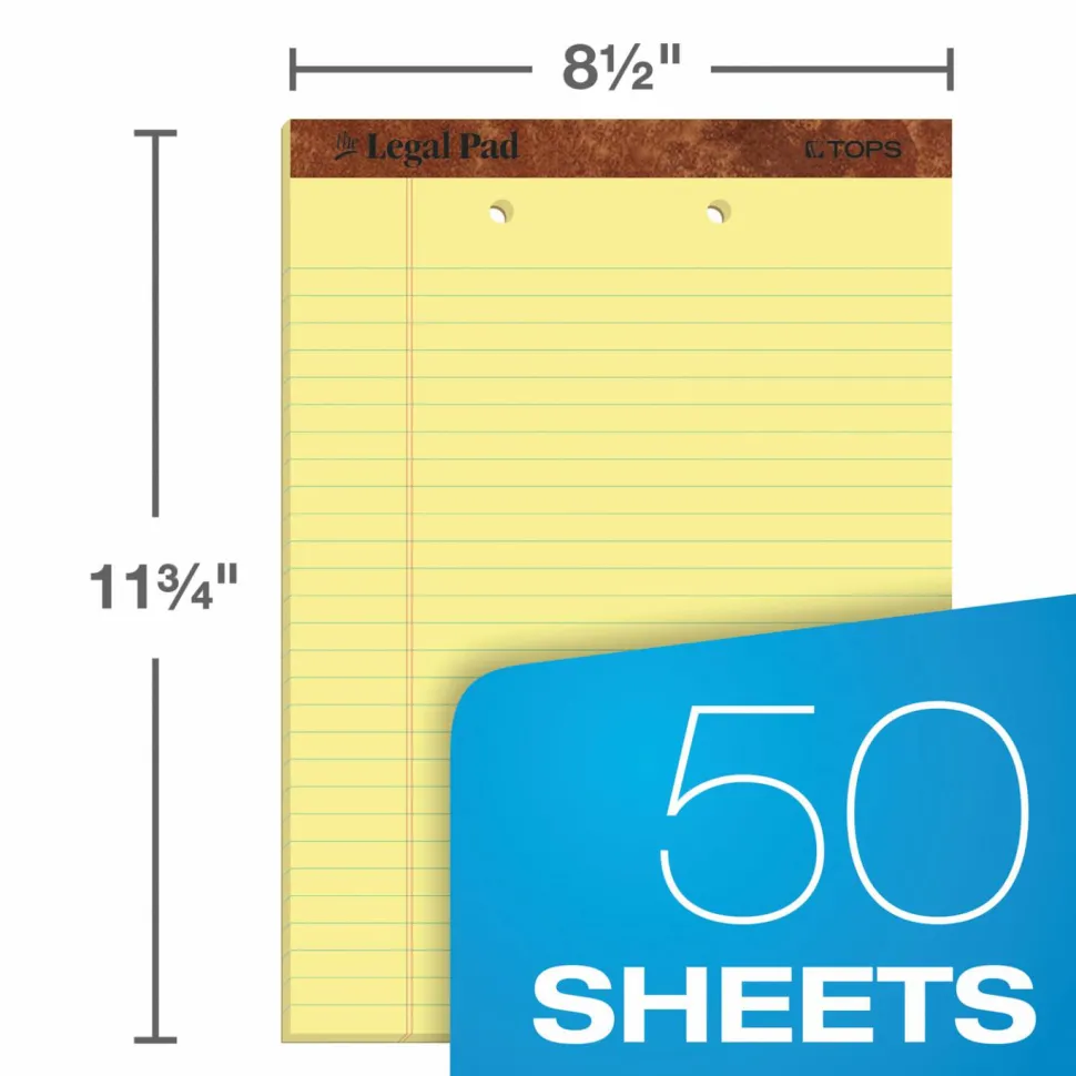 TOPS 2-Hole Punched Perforated Writing Pads, 8 1/2" x 11 3/4", Legal Ruled, 50 Sheets, Canary, Pack Of 12 Pads