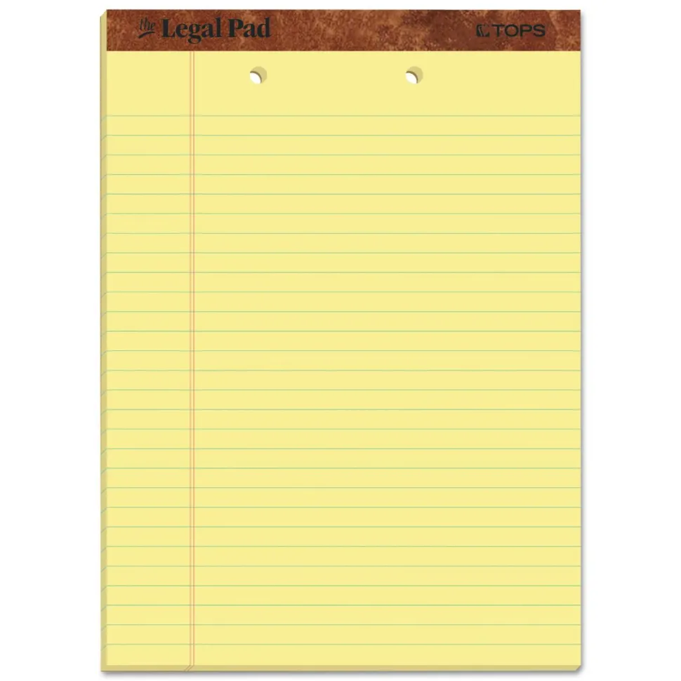 TOPS 2-Hole Punched Perforated Writing Pads, 8 1/2" x 11 3/4", Legal Ruled, 50 Sheets, Canary, Pack Of 12 Pads