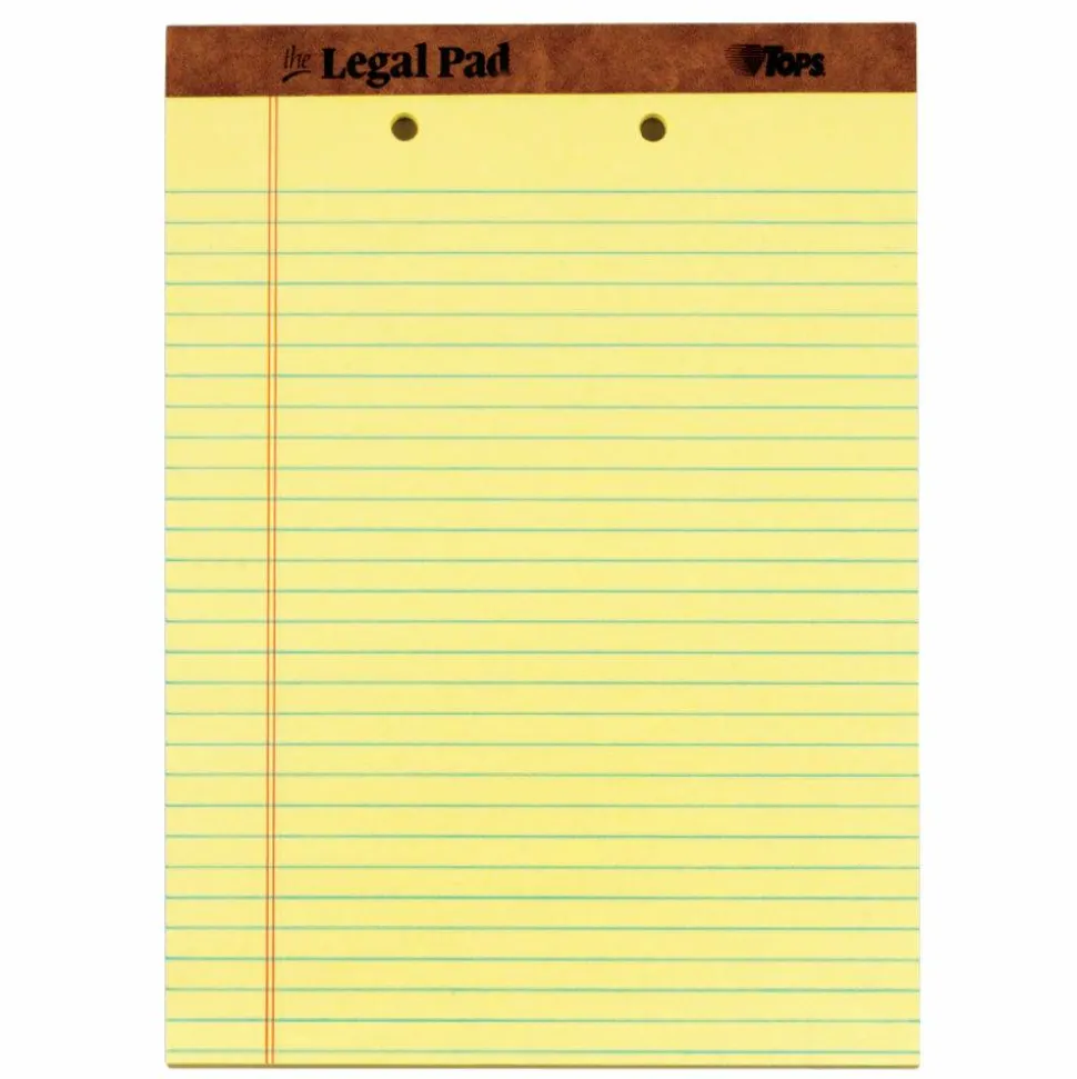 TOPS 2-Hole Punched Perforated Writing Pads, 8 1/2" x 11 3/4", Legal Ruled, 50 Sheets, Canary, Pack Of 12 Pads