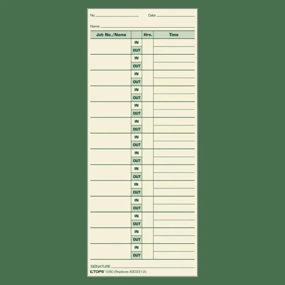 TOPS Job Cards Time Cards, 8.5" x 3.5", Green Ink/Manila Paper, Box Of 500