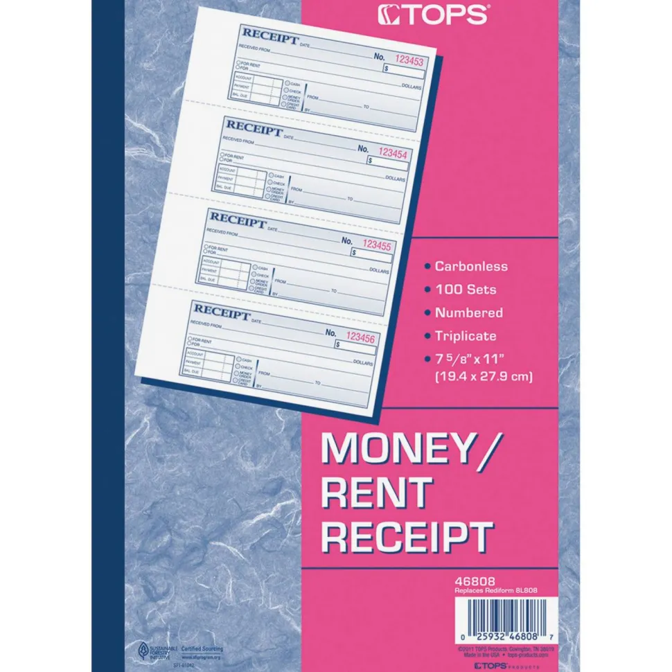 TOPS Manifold Receipt Book, 3-Part, 7 5/8" x 11", White/Canary/Pink