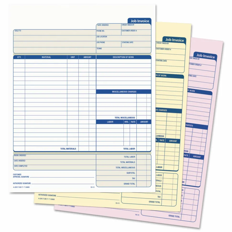 TOPS 3-Part Job Invoices, 8 1/2" x 11", Pack Of 50 Sets