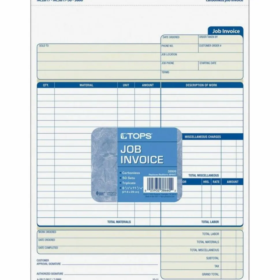 TOPS 3-Part Job Invoices, 8 1/2" x 11", Pack Of 50 Sets