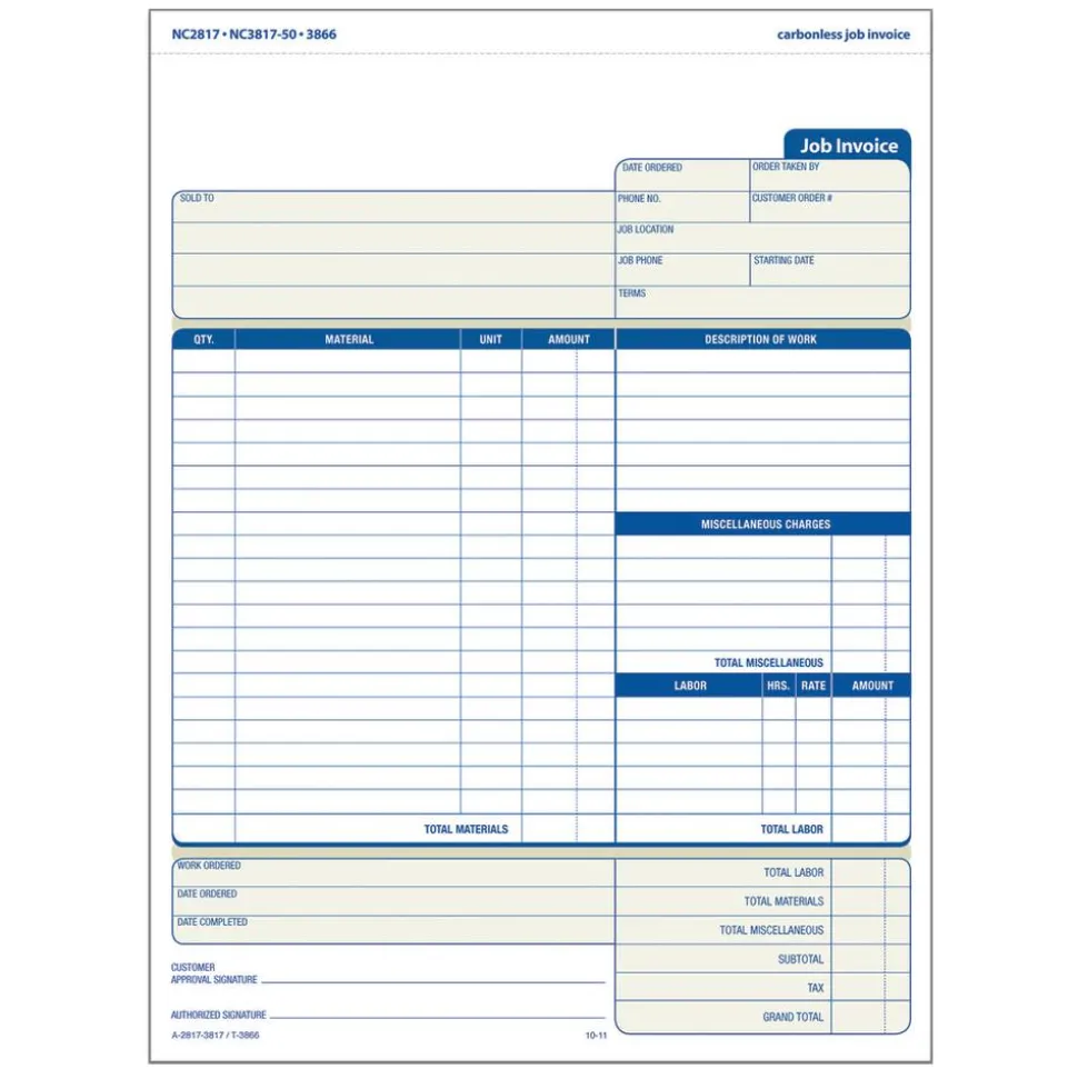 TOPS 3-Part Job Invoices, 8 1/2" x 11", Pack Of 50 Sets