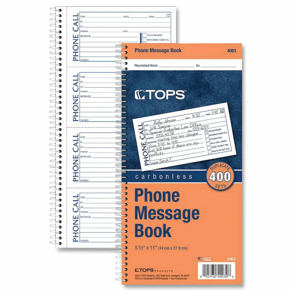 TOPS Phone Message Book, 2-Part, 11" x 5 1/2", 4 Messages Per Page, 100 Pages (100 Sheets), White/Canary