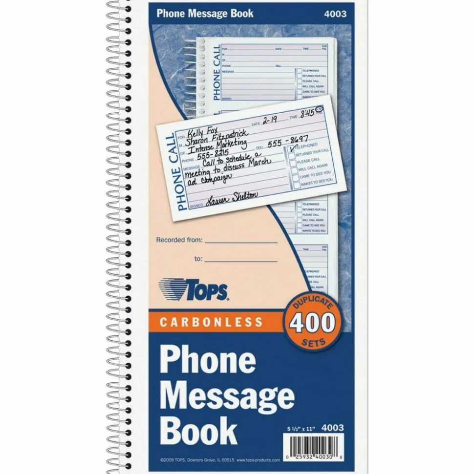 TOPS Phone Message Book, 2-Part, 11" x 5 1/2", 4 Messages Per Page, 100 Pages (100 Sheets), White/Canary
