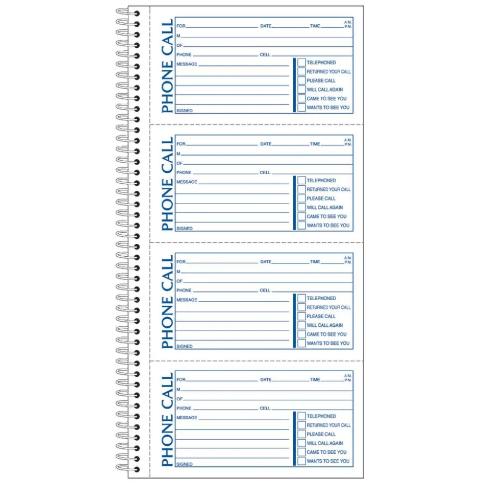 TOPS Phone Message Book, 2-Part, 11" x 5 1/2", 4 Messages Per Page, 100 Pages (100 Sheets), White/Canary