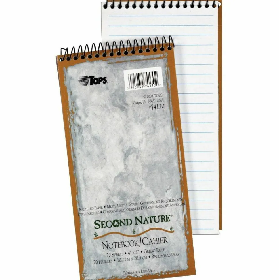 TOPS Second Nature 100% Recycled Reporter's Notebook, 4" x 8", 1 Subject, Gregg Ruled, 70 Sheets, White