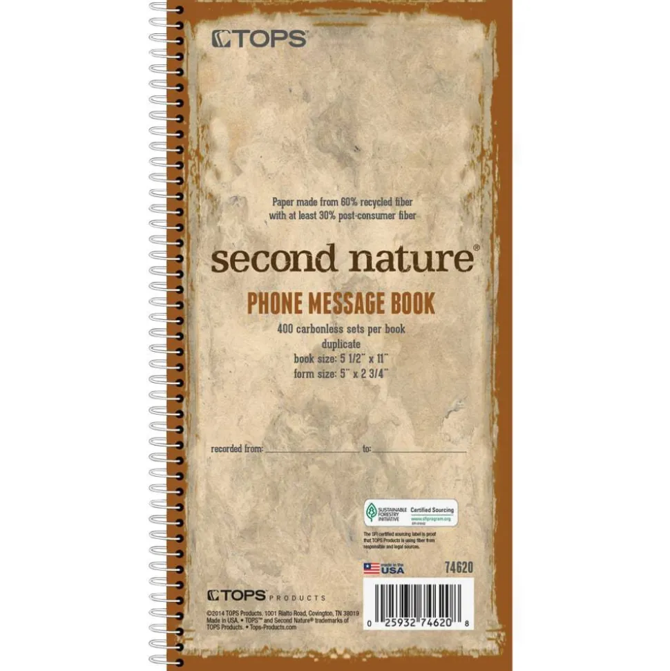 TOPS Second Nature Spiralbound Phone Call Book, 2-Part, 5 1/2" x 11", 60% Recycled, White/Blue