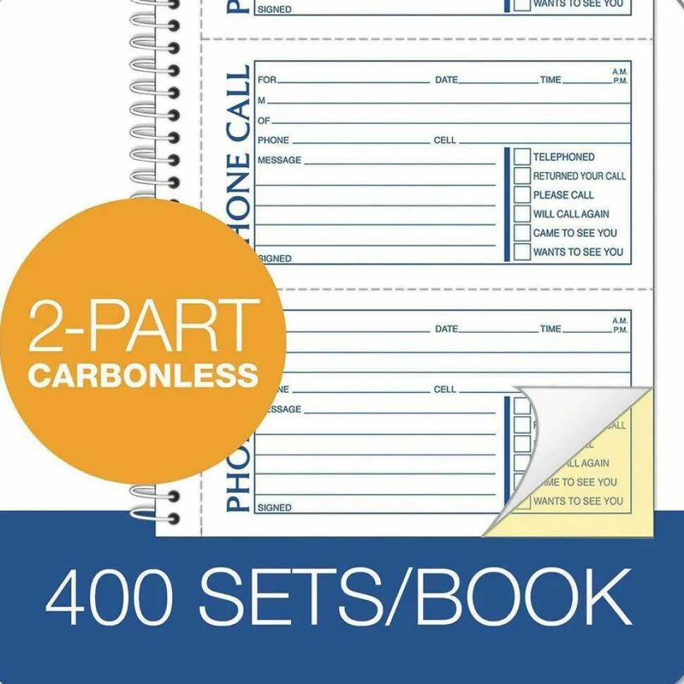 TOPS Second Nature Spiralbound Phone Call Book, 2-Part, 5 1/2" x 11", 60% Recycled, White/Blue
