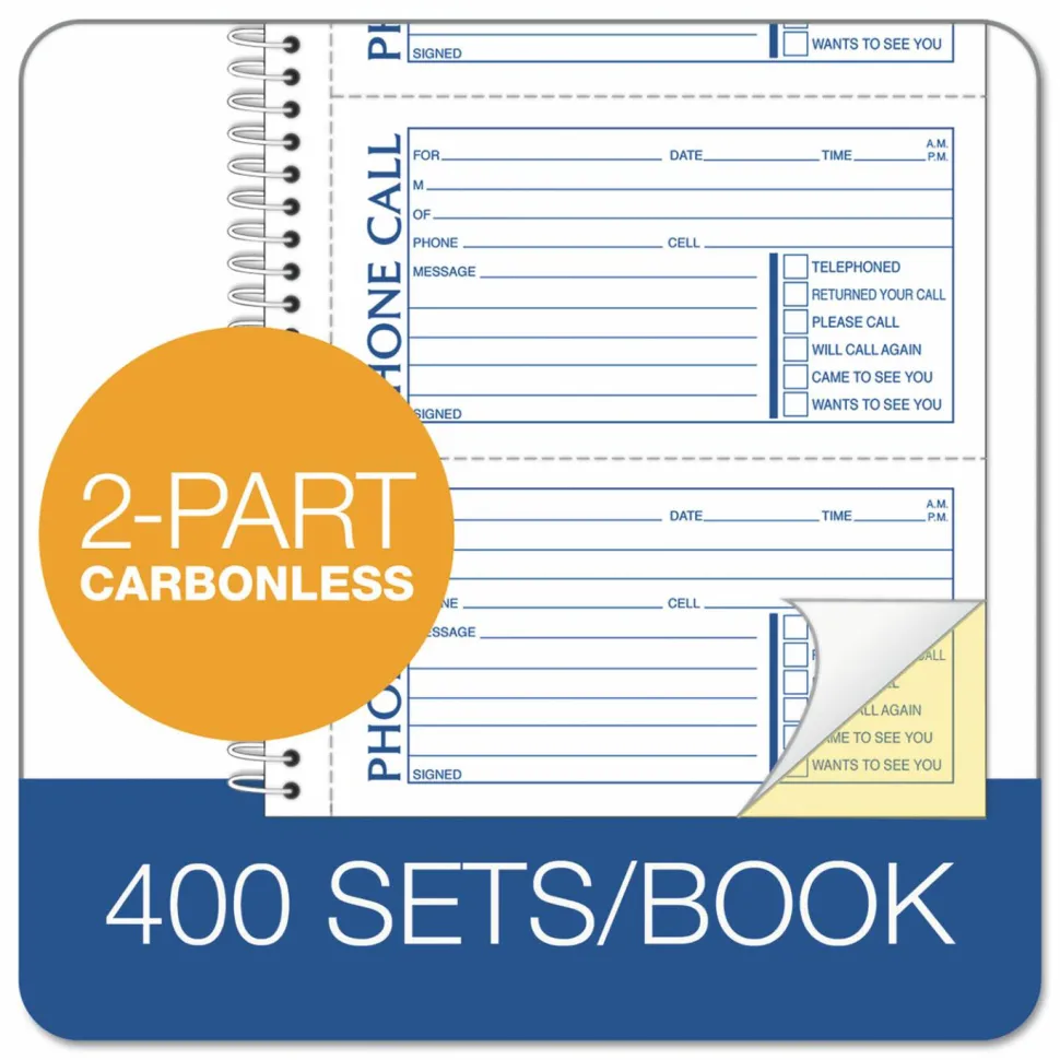TOPS Second Nature Spiralbound Phone Call Book, 2-Part, 5 1/2" x 11", 60% Recycled, White/Blue