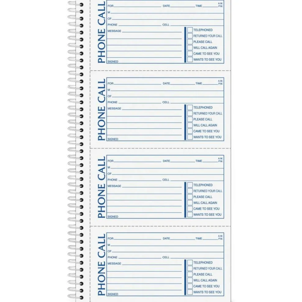 TOPS Second Nature Spiralbound Phone Call Book, 2-Part, 5 1/2" x 11", 60% Recycled, White/Blue