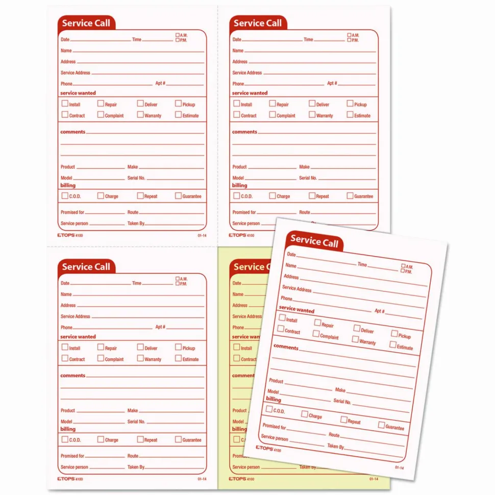 TOPS Service Call 2-part Spiral Message Slip Book - 200 Sheet(s) - Spiral Bound - 2 Part - Carbonless Copy - 4100
