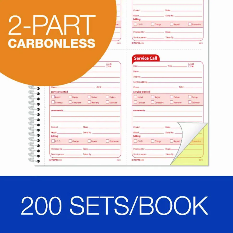 TOPS Service Call 2-part Spiral Message Slip Book - 200 Sheet(s) - Spiral Bound - 2 Part - Carbonless Copy - 4100