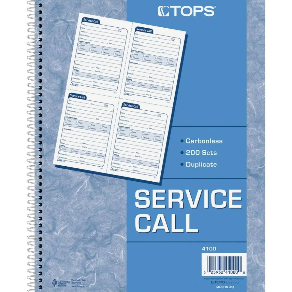 TOPS Service Call 2-part Spiral Message Slip Book - 200 Sheet(s) - Spiral Bound - 2 Part - Carbonless Copy - 4100
