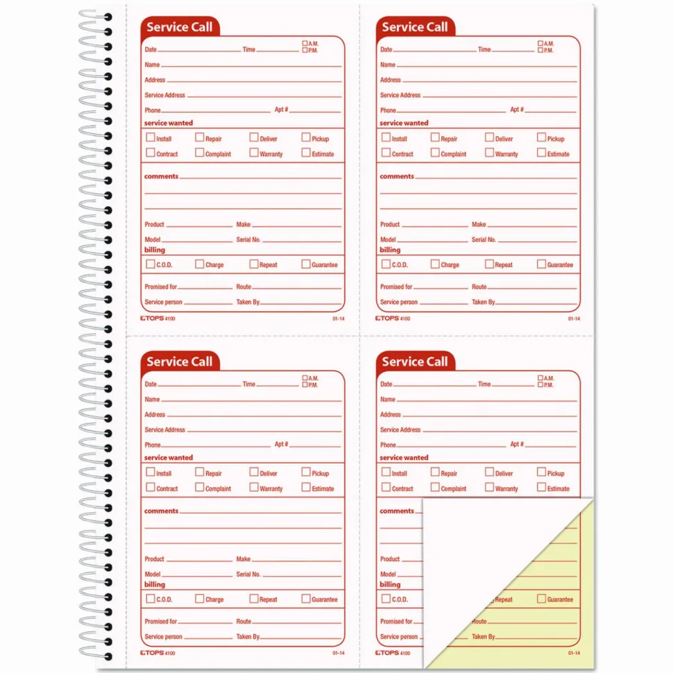 TOPS Service Call 2-part Spiral Message Slip Book - 200 Sheet(s) - Spiral Bound - 2 Part - Carbonless Copy - 4100