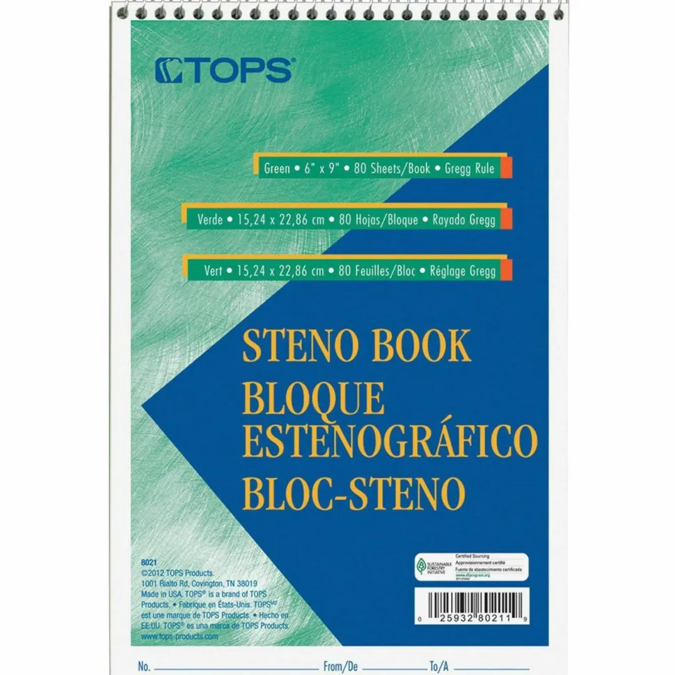TOPS Steno Book, 6" x 9", Gregg Ruled, 80 Sheets, Green