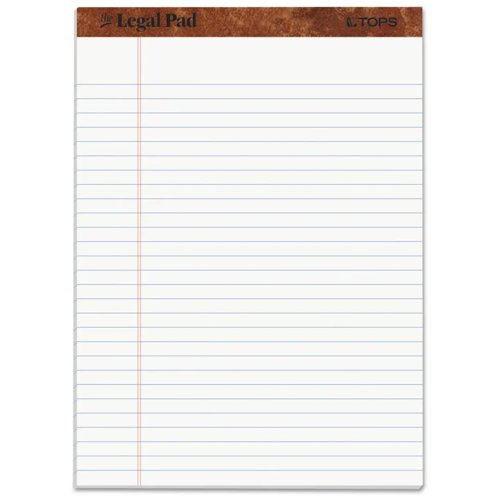 TOPS The Legal Pad Perforated Writing Pads, 8 1/2" x 11 3/4", Legal Ruled, 50 Sheets, White/Blue, Pack Of 12
