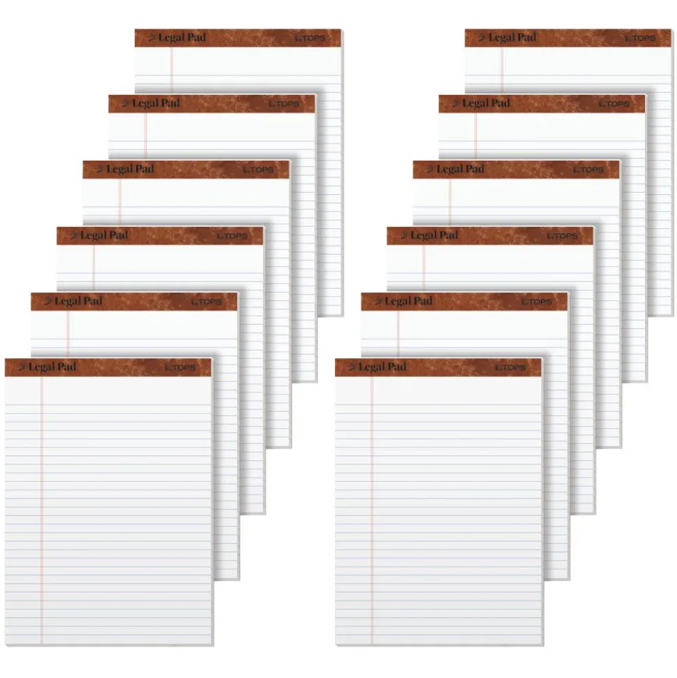 TOPS The Legal Pad Perforated Writing Pads, 8 1/2" x 11 3/4", Legal Ruled, 50 Sheets, White/Blue, Pack Of 12