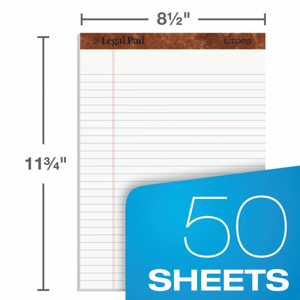 TOPS The Legal Pad Perforated Writing Pads, 8 1/2" x 11 3/4", Legal Ruled, 50 Sheets, White/Blue, Pack Of 12