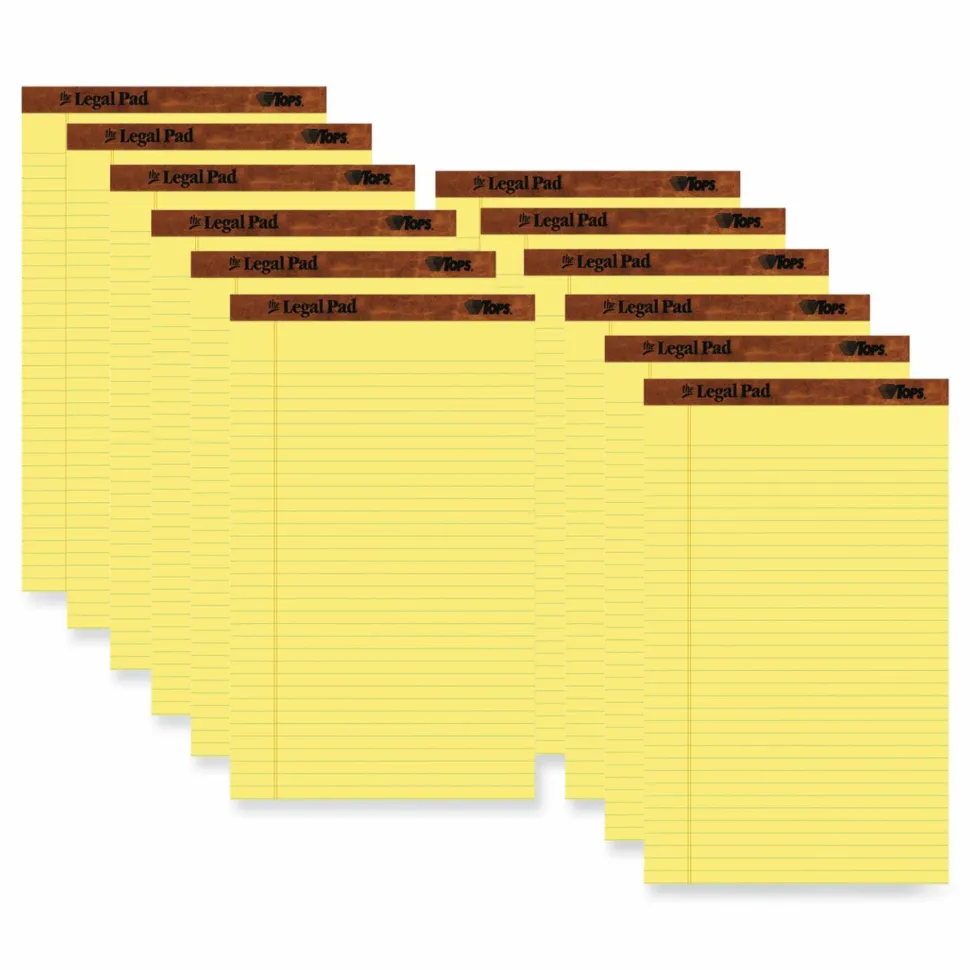 TOPS "The Legal Pad" Plus Ruled Perforated Pads with 40 pt. Chipboard Back, Wide/Legal Rule, (50) Canary 8.5 x 14 Sheets, Dozen