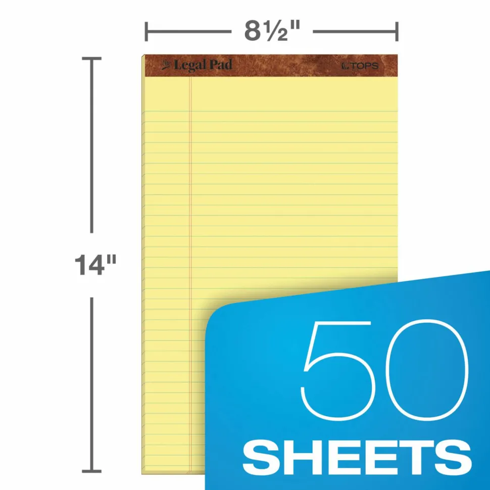 TOPS "The Legal Pad" Plus Ruled Perforated Pads with 40 pt. Chipboard Back, Wide/Legal Rule, (50) Canary 8.5 x 14 Sheets, Dozen