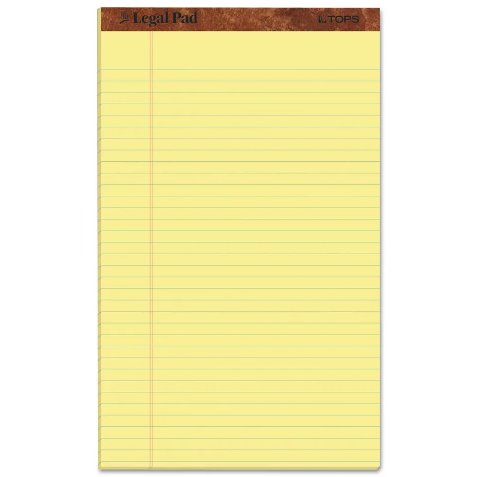 TOPS "The Legal Pad" Plus Ruled Perforated Pads with 40 pt. Chipboard Back, Wide/Legal Rule, (50) Canary 8.5 x 14 Sheets, Dozen