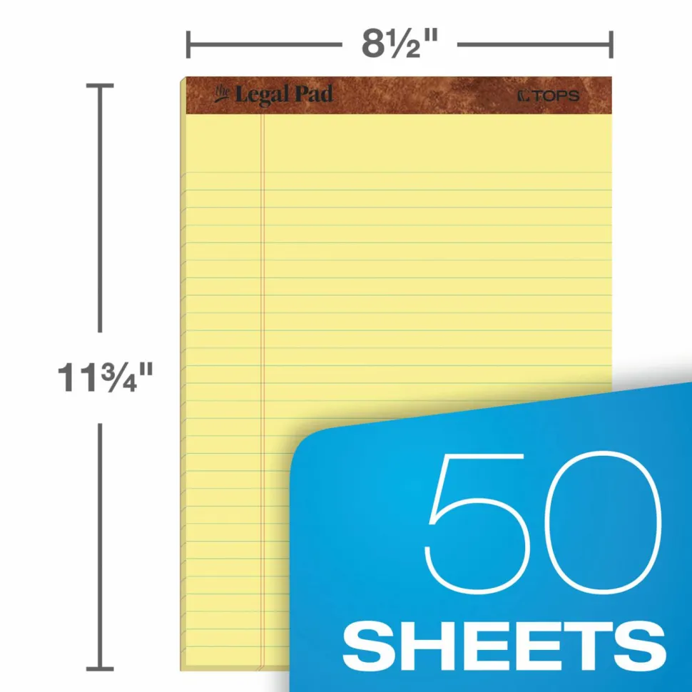 TOPS "The Legal Pad" Ruled Perforated Pads, Wide/Legal Rule, (50) Canary 8.5 x 11 Sheets, Dozen