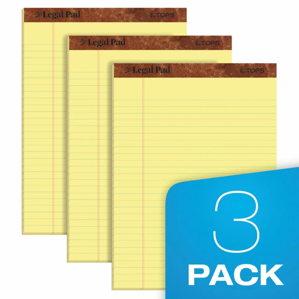 TOPS "The Legal Pad" Ruled Perforated Pads, Wide/Legal Rule, (50) Canary Yellow 8.5 x 11 Sheets, 3/Pack