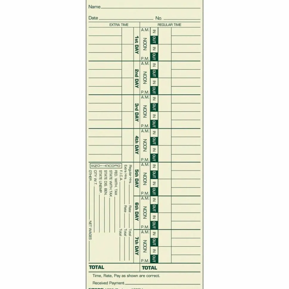 TOPS Time Cards (Replaces Original Card 1900L), Numbered Days, 1-Sided, 9" x 3 1/2", Box Of 500