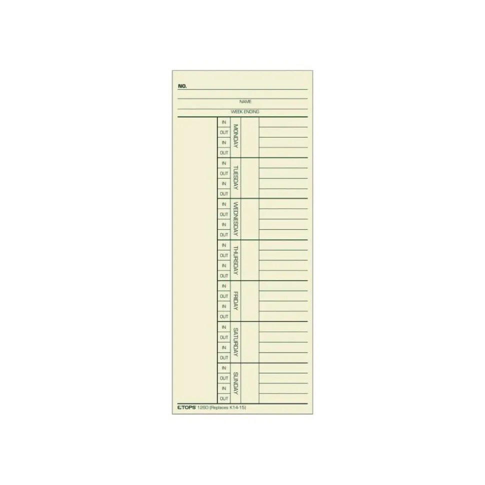TOPS Time Cards (Replaces Original Card K14-15), Named Days, 2-Sided, 8 1/4" x 3 3/8", Box Of 500