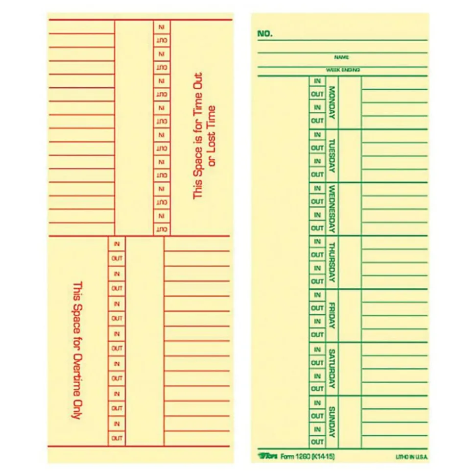 TOPS Time Cards (Replaces Original Card K14-15), Named Days, 2-Sided, 8 1/4" x 3 3/8", Box Of 500