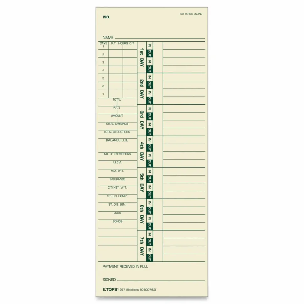 TOPS Time Cards (Replaces Original Card 10-800762), Numbered Days, 2-Sided, 9" x 3 1/2", Box Of 500