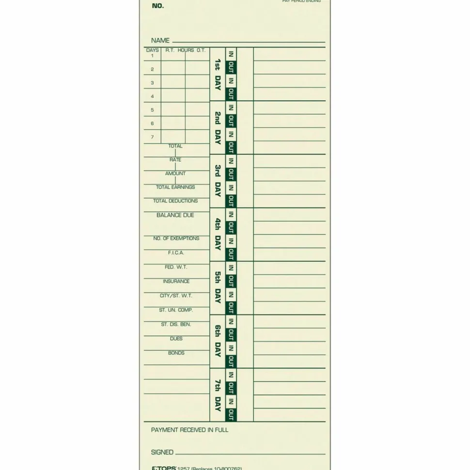 TOPS Time Cards (Replaces Original Card 10-800762), Numbered Days, 2-Sided, 9" x 3 1/2", Box Of 500
