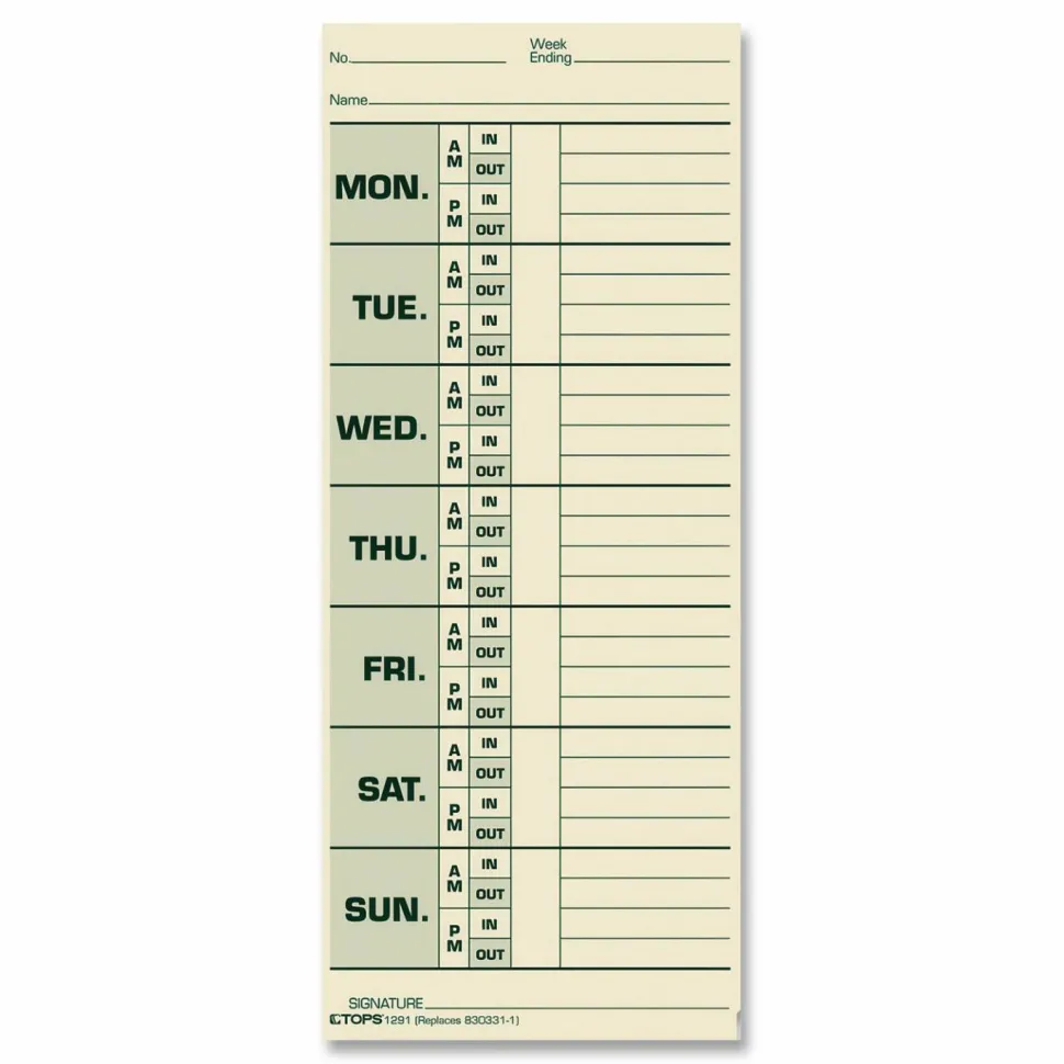 TOPS Time Cards (Replaces Original Card 331-10), Named Days, 2-Sided, 8 1/2" x 3 1/2", Box Of 500
