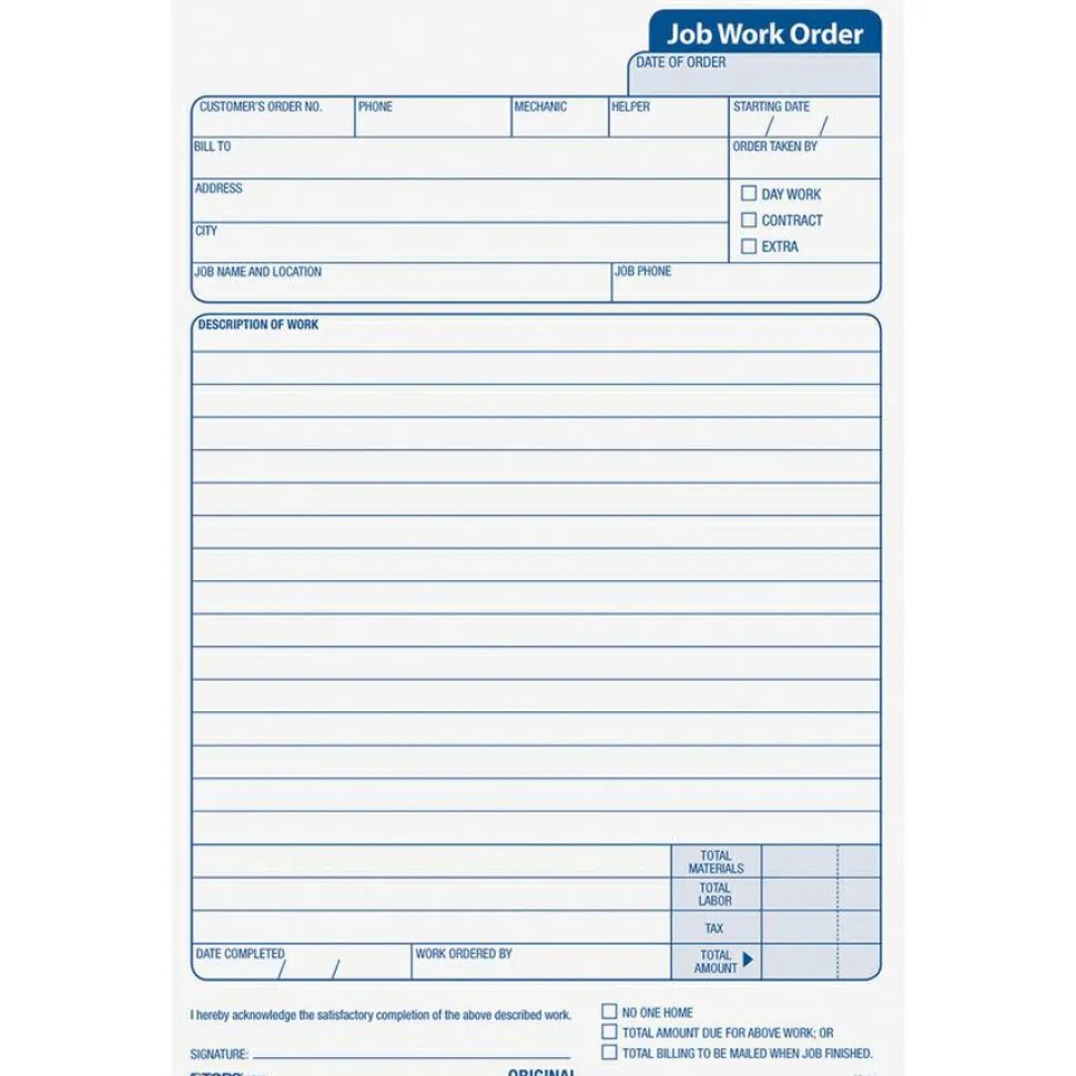 TOPS Triplicate Carbonless Job Work Orders, 5 1/2" x 8 1/2", Pack Of 50 Forms