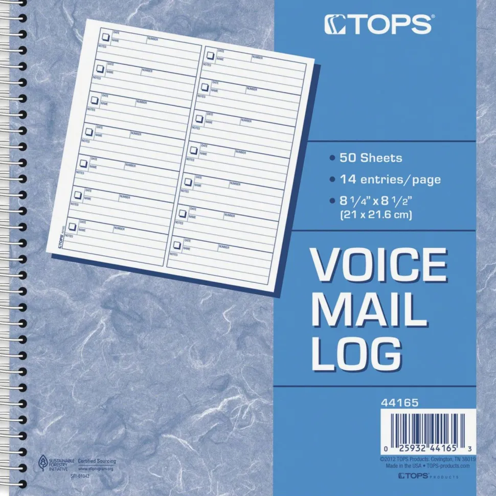 TOPS Voice Message Log Book - 50 Sheet(s) - 24 lb - Spiral Bound - 8.50" x 8.25" Sheet Size - White - Blue Print Color - 1 Each