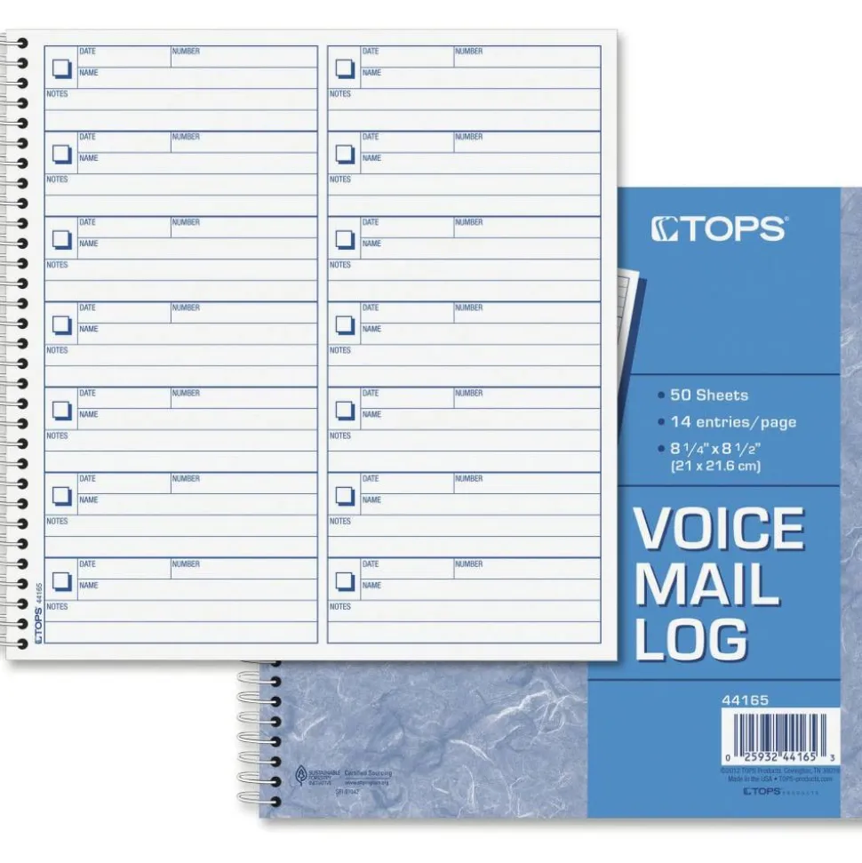 TOPS Voice Message Log Book - 50 Sheet(s) - 24 lb - Spiral Bound - 8.50" x 8.25" Sheet Size - White - Blue Print Color - 1 Each