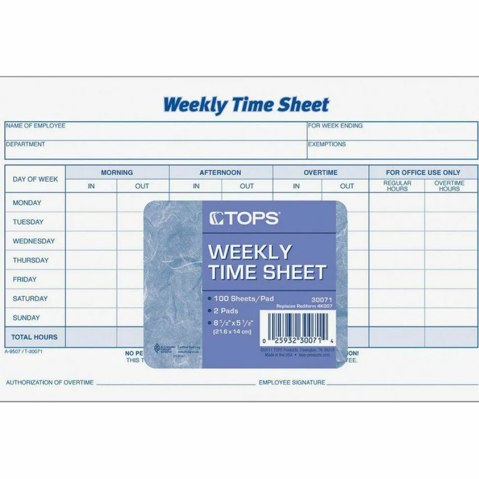 TOPS Weekly Timesheet Form, 5.5" x 8.5", White/Blue, 100 Sheets Per Pad, 2 Pads Per Pack