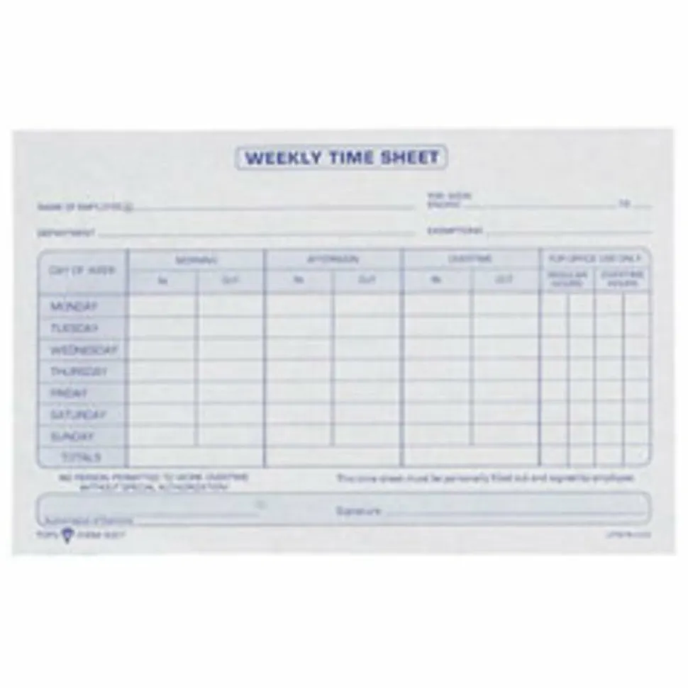 TOPS Weekly Timesheet Form, 5.5" x 8.5", White/Blue, 100 Sheets Per Pad, 2 Pads Per Pack