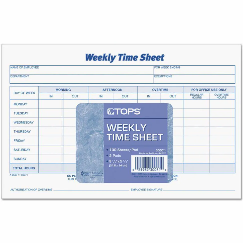 TOPS Weekly Timesheet Form, 5.5" x 8.5", White/Blue, 100 Sheets Per Pad, 2 Pads Per Pack