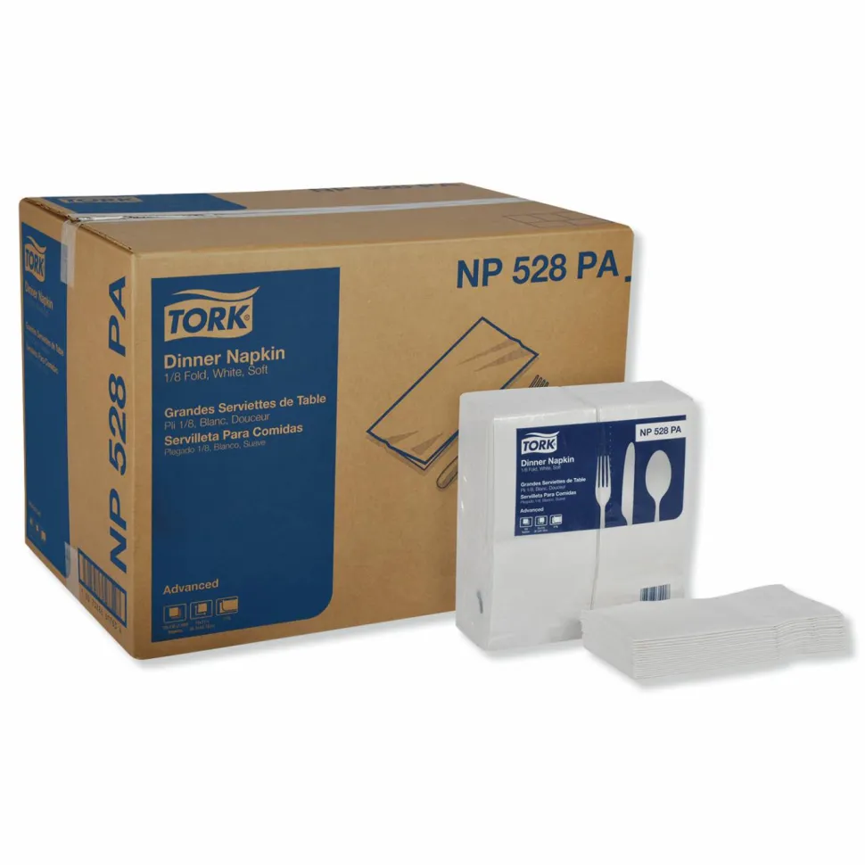 Tork Advanced Dinner Napkins, 2-Ply, 15 x 17, 1/8 Fold, White, 100/PK, 28 PK/CT