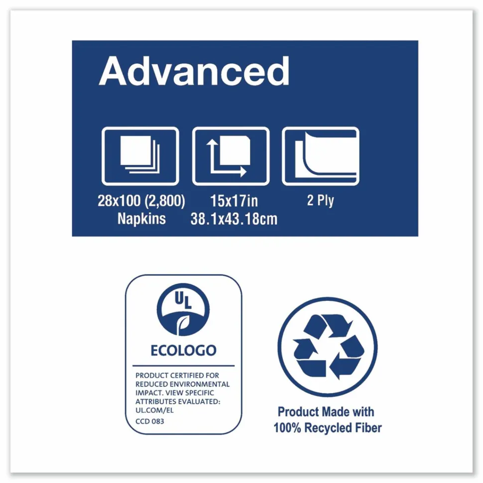 Tork Advanced Dinner Napkins, 2-Ply, 15 x 17, 1/8 Fold, White, 100/PK, 28 PK/CT