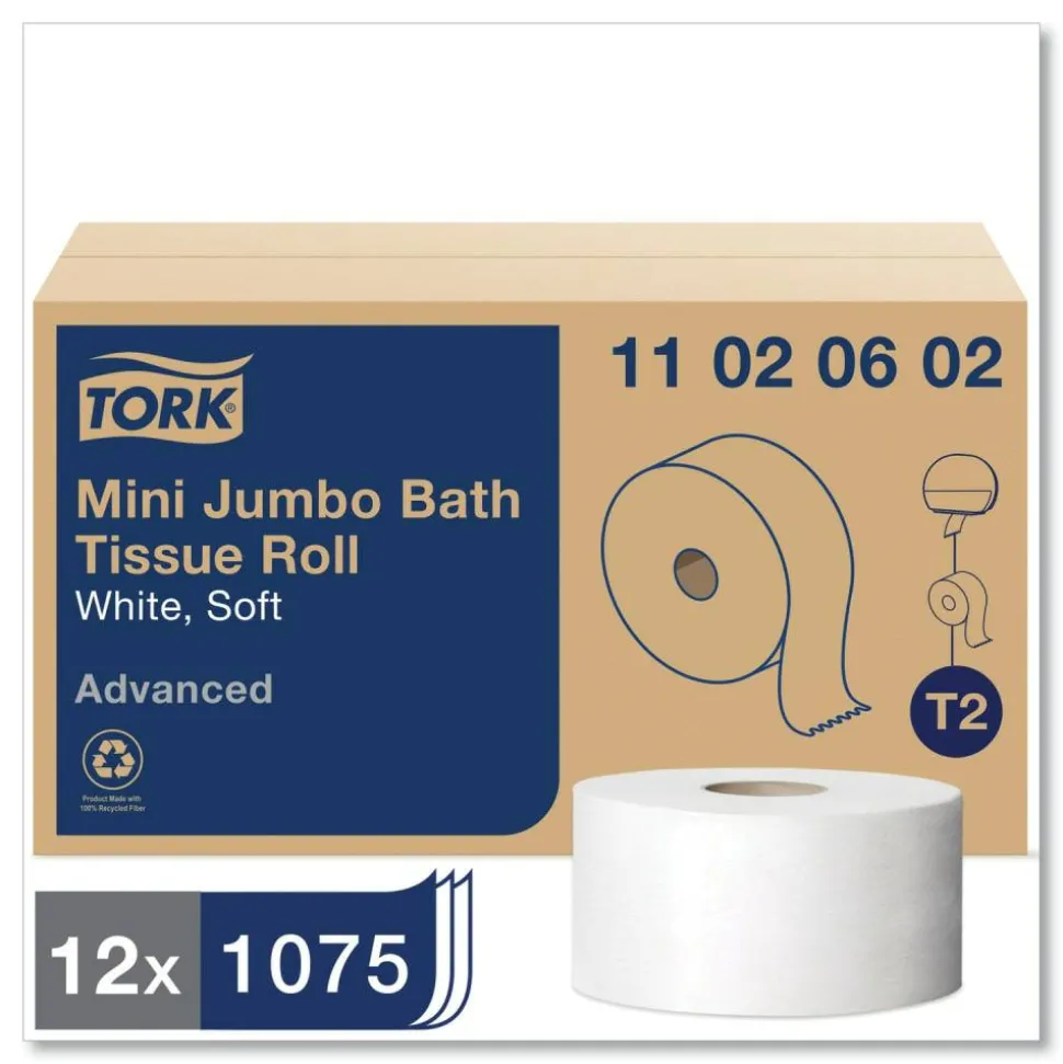 Tork Advanced Jumbo Bath Tissue, Septic Safe, 2-Ply, 3.48" x 751 ft, White, 12 Rolls/Carton