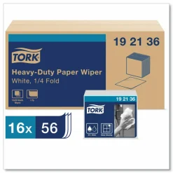 Tork Heavy-Duty Paper Wiper 1/4 Fold, 1-Ply, 12.5 x 13, White, 56/Pack, 16 Packs/Carton