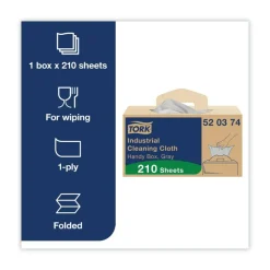 Tork Industrial Cleaning Cloths, 1-Ply, 16.34 x 14, Gray, 210 Wipes/Box