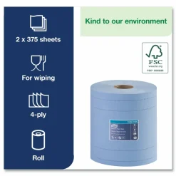 Tork Industrial Paper Wiper, 4-Ply, 11 x 15.75, Unscented, Blue, 375 Wipes/Roll, 2 Rolls/Carton