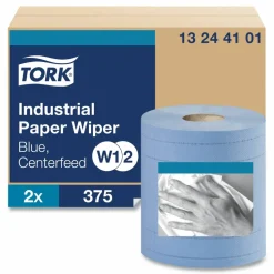 Tork Industrial Paper Wiper, 4-Ply, 11 x 15.75, Unscented, Blue, 375 Wipes/Roll, 2 Rolls/Carton