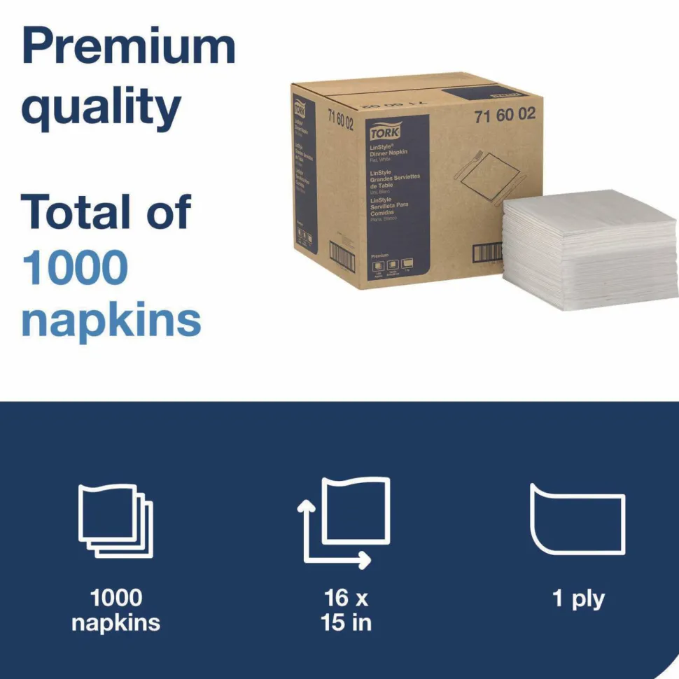Tork LinStyle Dinner Napkin, 1-Ply, 15 x 16, White, 1,000/Carton